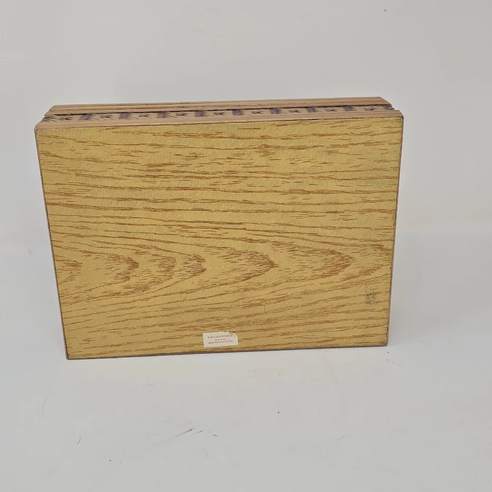Vintage straw bamboo marquetry trinket jewelry box‎ red lining photo slot